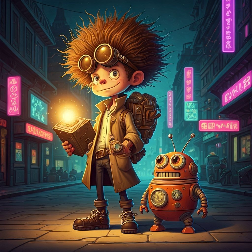 Futuristic Cartoon Cityscape with Goofy Robot and Inventor