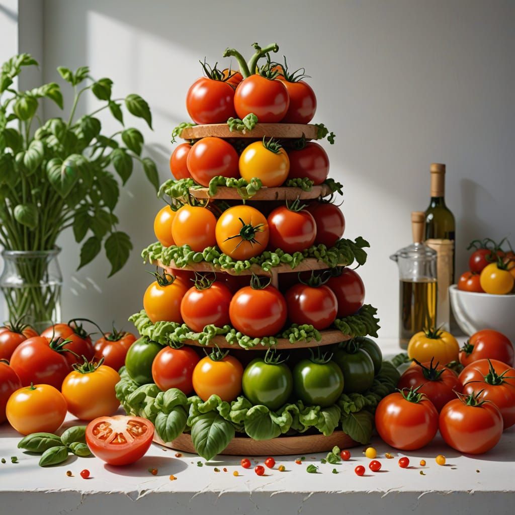 Photorealistic Tomato Tower in Vibrant Food Art Style