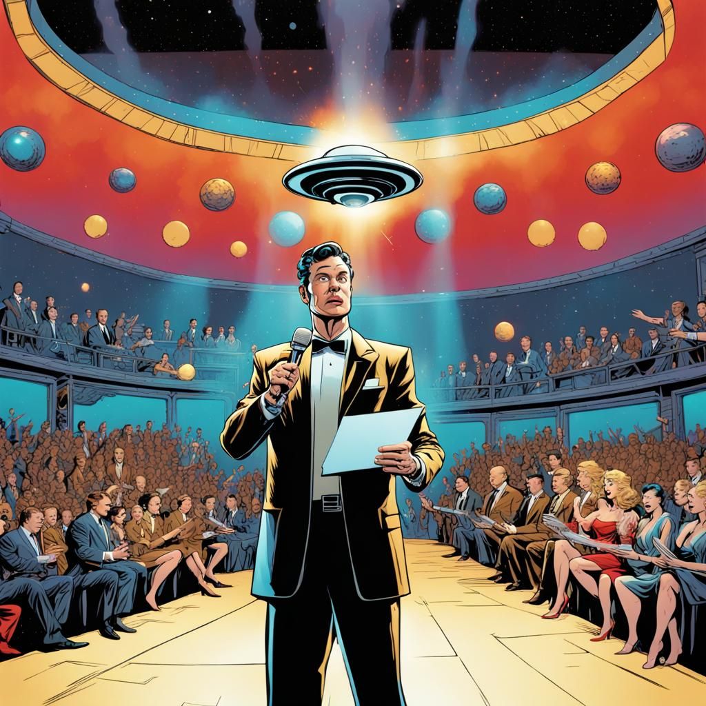 Retro comic book illustration of a futuristic award show