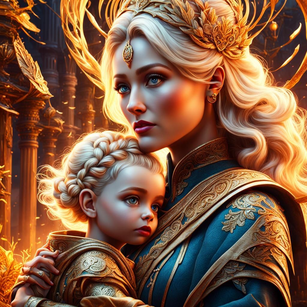 Touching Mother and Baby in Detailed Fantasy Art