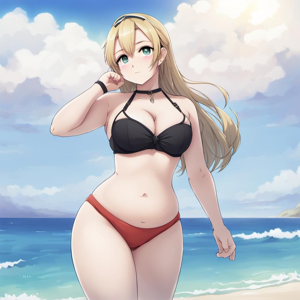 Curvy Blonde Girl on Beach in Anime Style