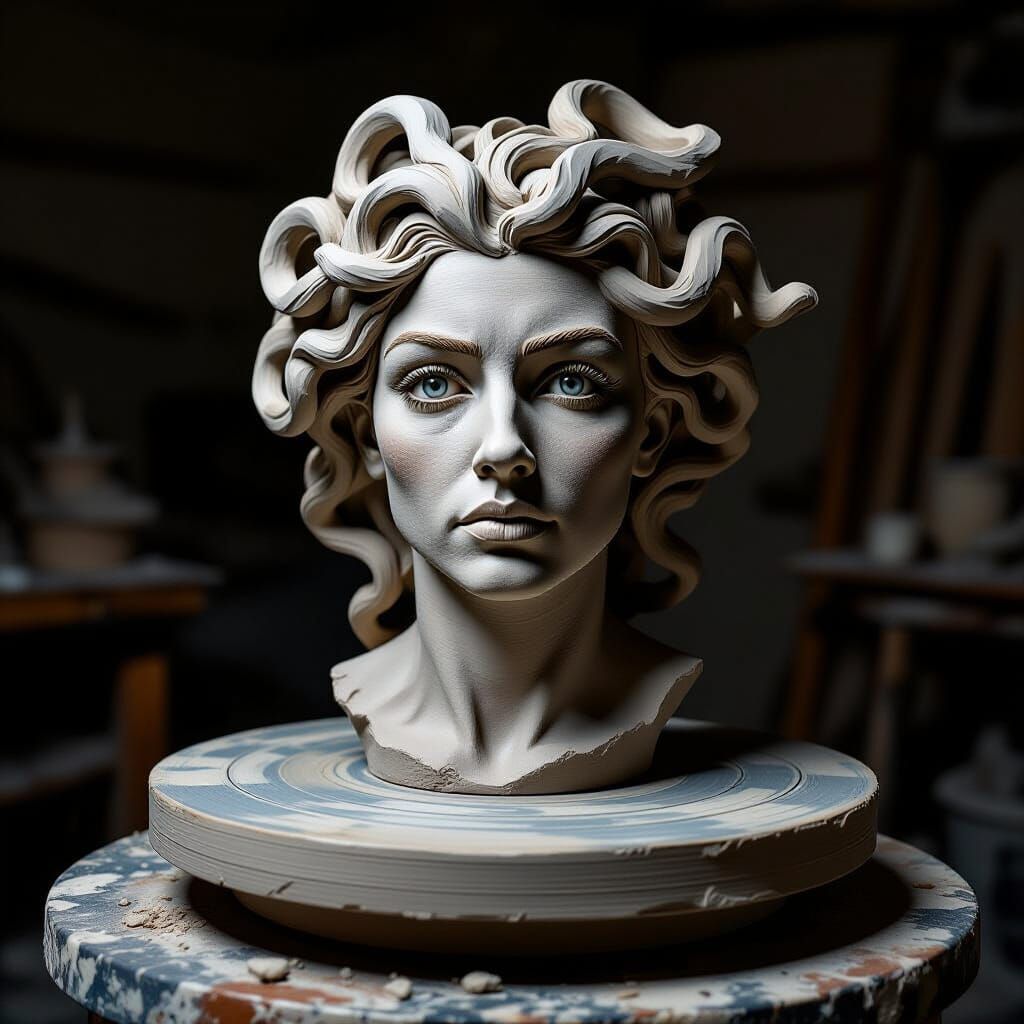 Medusa Bust in Sculptor's Workshop, Hyperrealistic Clay