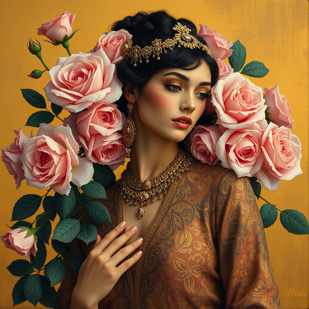 Woman in Opulent Gold Embroidered Gown with Pink Roses