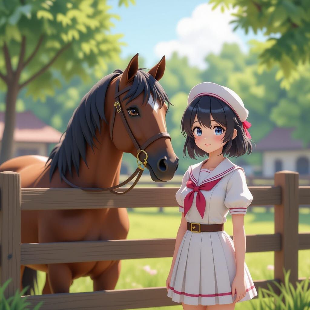Girl in Uniform with Horse, Blue Hair, Anime Style