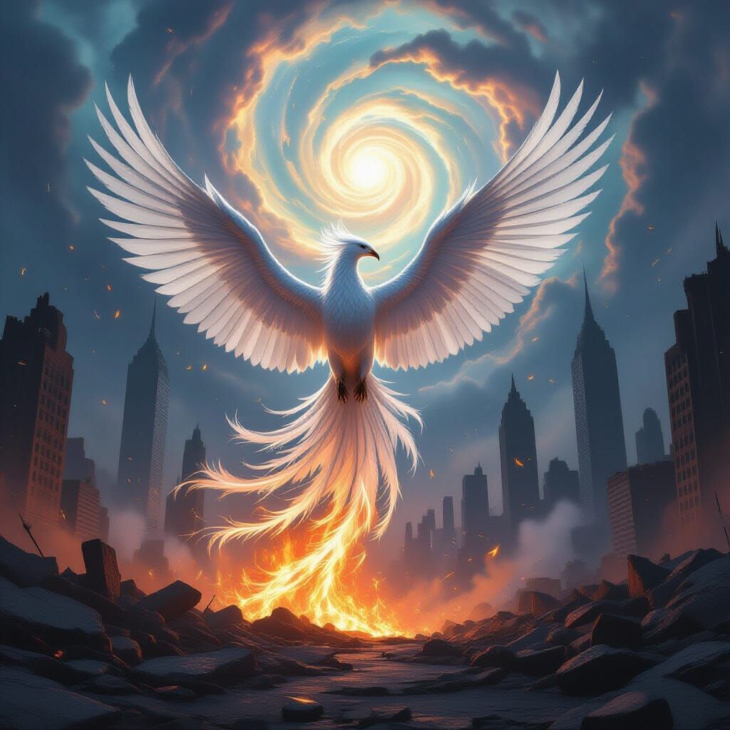 Phoenix Rising from Ruined City: Digital Matte Painting