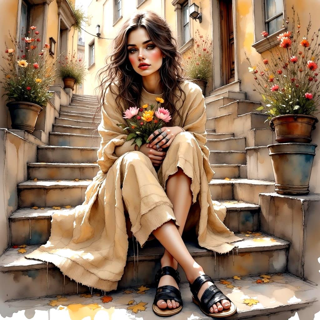 Woman in 90s Style Sweater Dress on European Street