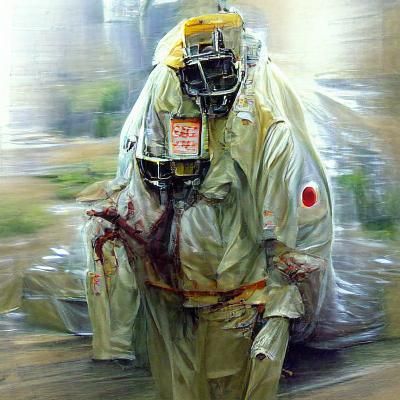 Japanese Hazmat Zombie Horror in Oil Painting Style