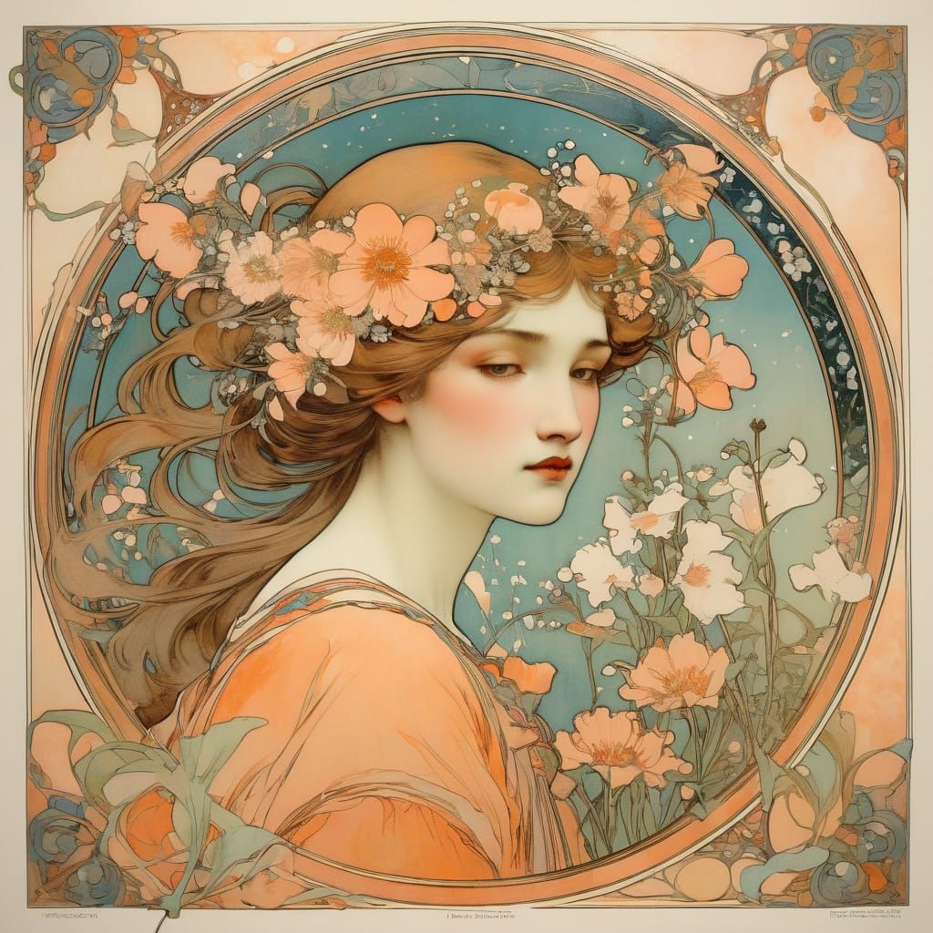 Peach Wildflowers in Art Nouveau Style