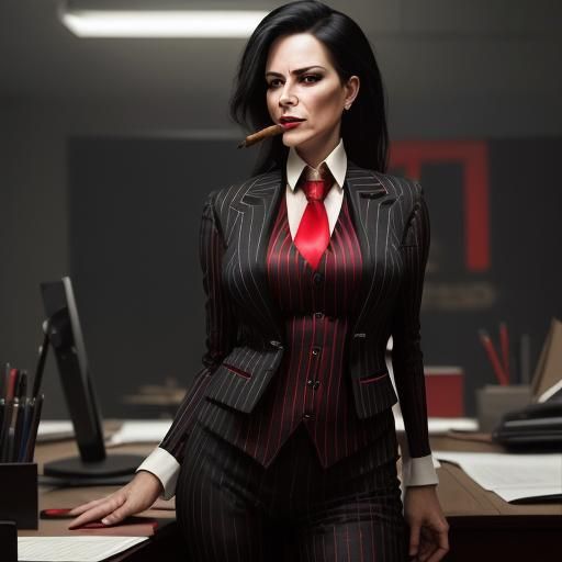 Businesswoman in Pinstripe Suit Smoking Cigar