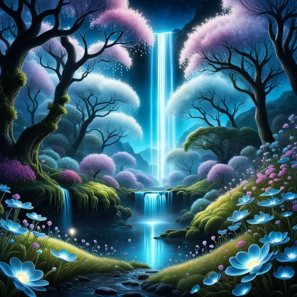 Bioluminescent Celestial Landscape with Glowing Stardust