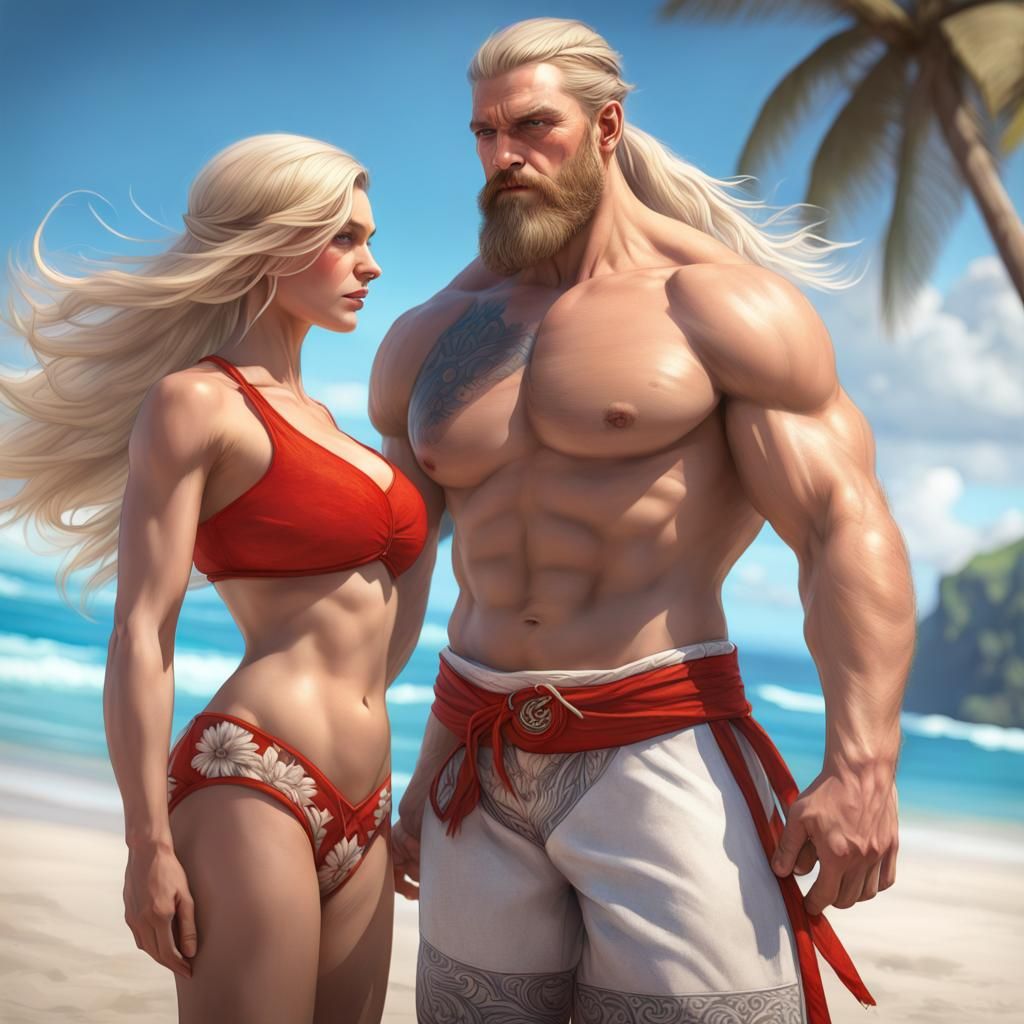 Viking and Woman on Tropical Beach, Detailed Portrait