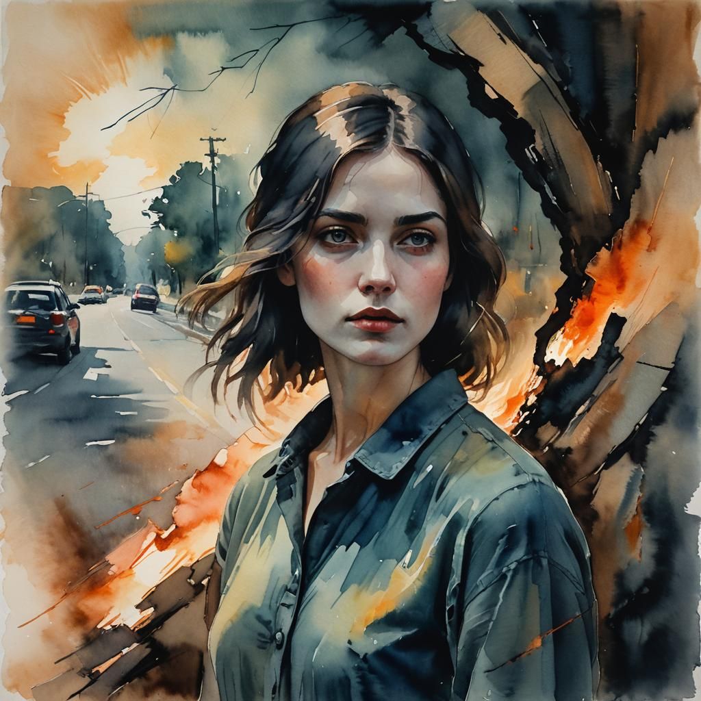 Ethereal Portrait: Woman Between Two Roads, Post-Impressioni...