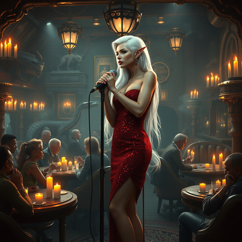 Fantasy Tavern Scene with Moon Elf Singer in 8K