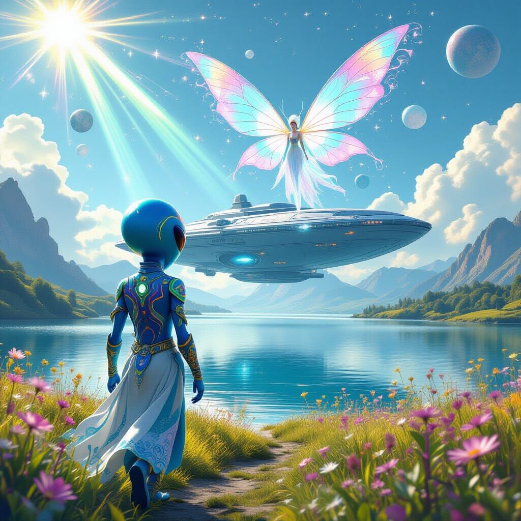 Blue Alien Blessing in a Sci-Fi Landscape