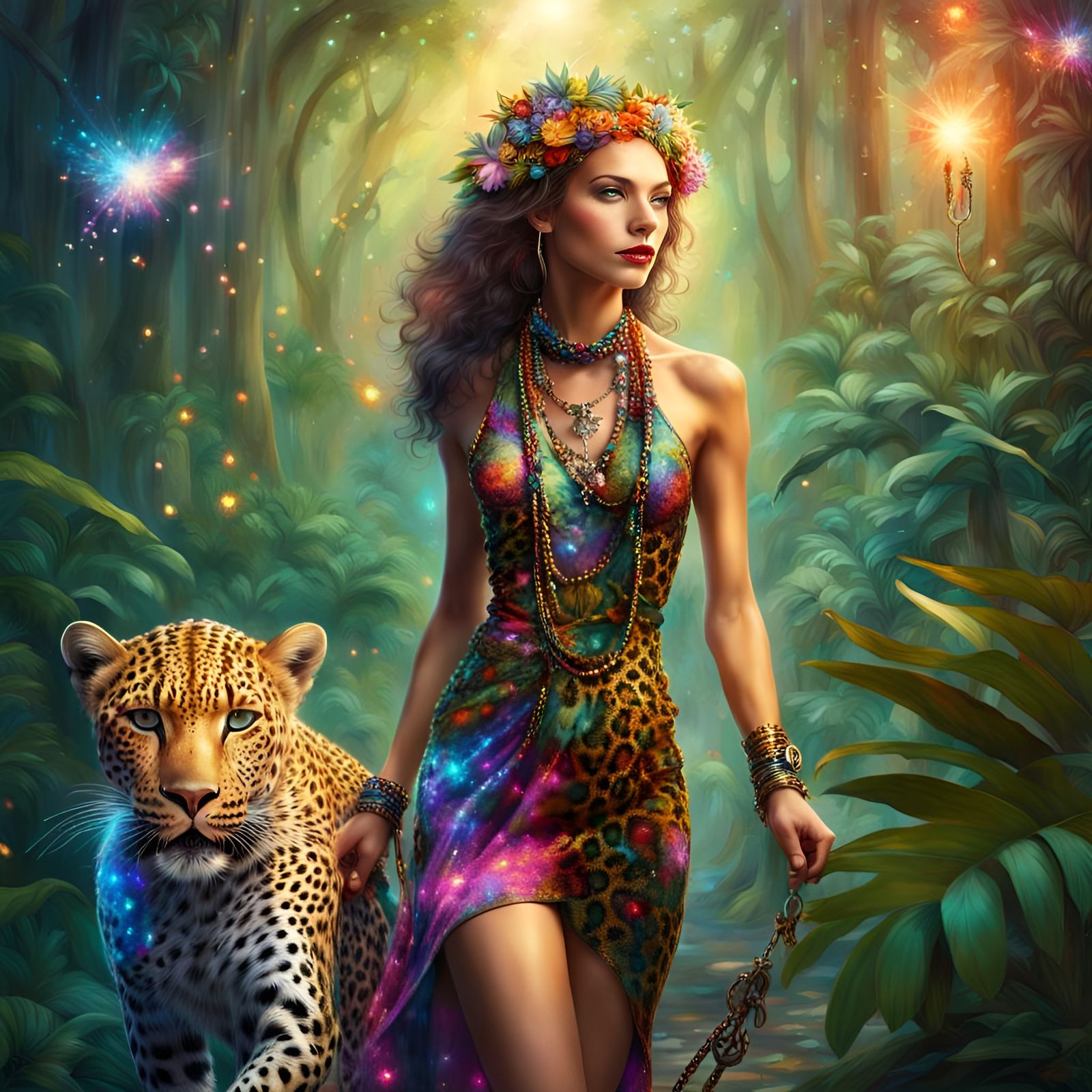 Enchantress Walking Leopard in Magical Jungle