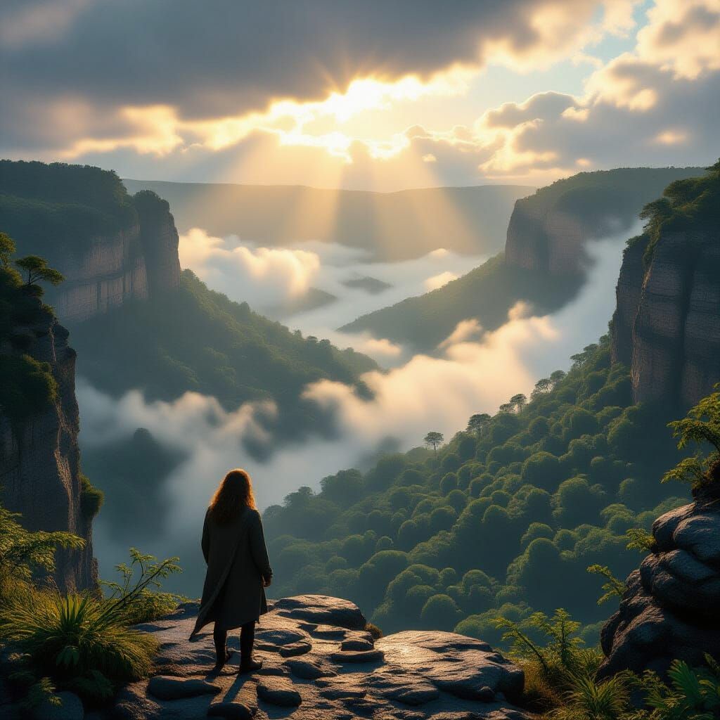 Lone Freckled Figure Overlooks Misty Valley in Golden Hour