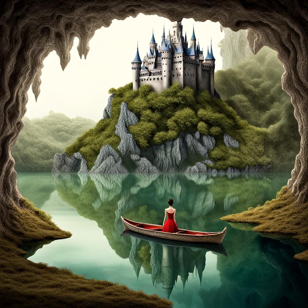 Fairy Boat on Reflective Lake to Fairy Castle