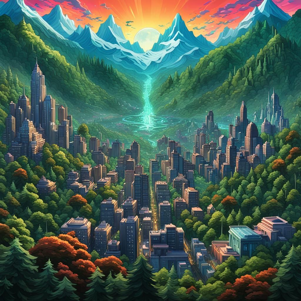 Vibrant Cityscape with Forest in Gouache Style