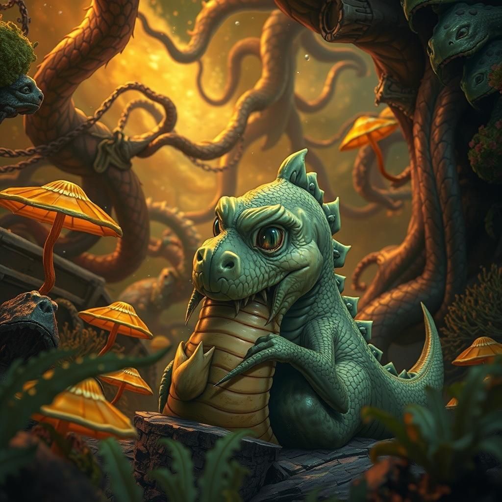 Colossal Sea Serpent Devouring Smaller Serpent