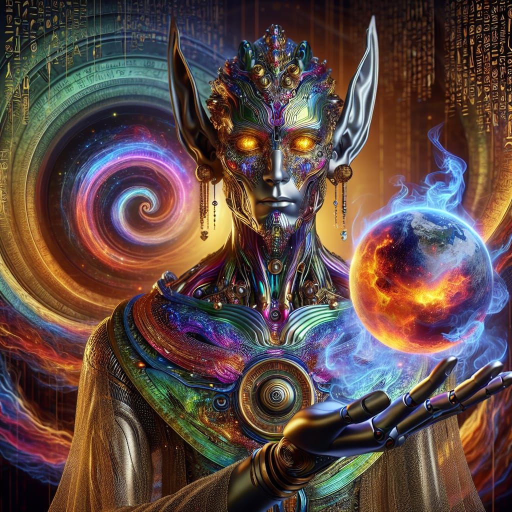 Otherworldly Cyborg Being with Fiery Planet