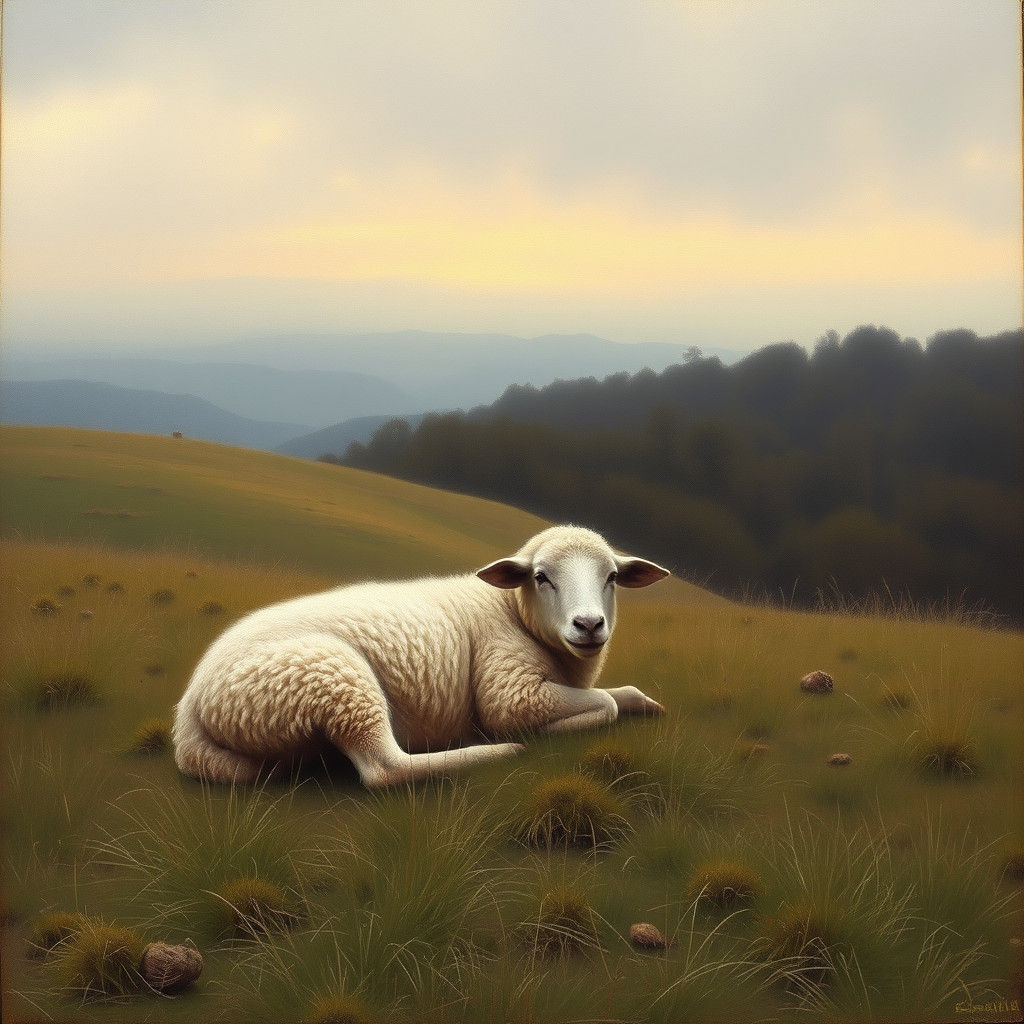 Idyllic Landscape with Content Sheep, in Impressionist Style
