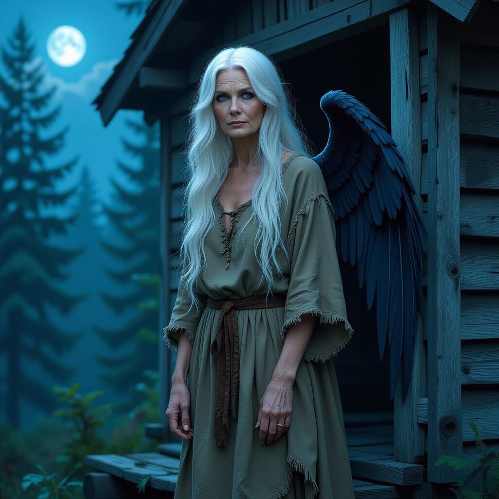 Pale Woman with Wings in Moonlit Forest