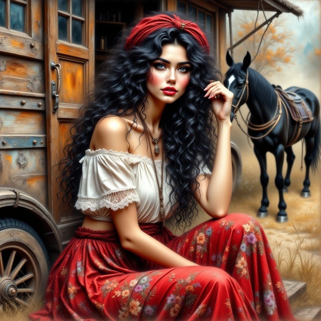 Roma Woman in Hyperrealistic Antique Watercolor Style