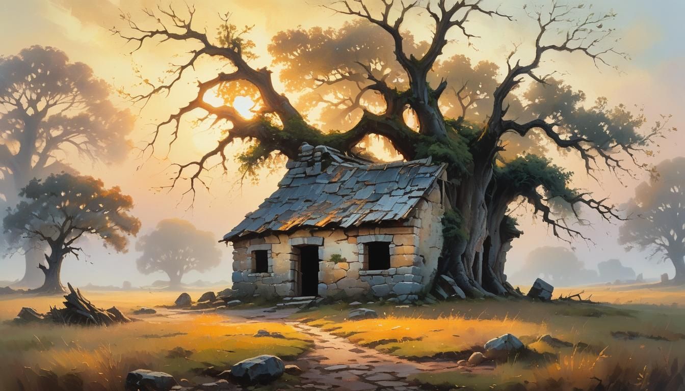 Abandoned Hut at Sunrise: Romantic Oil Painting