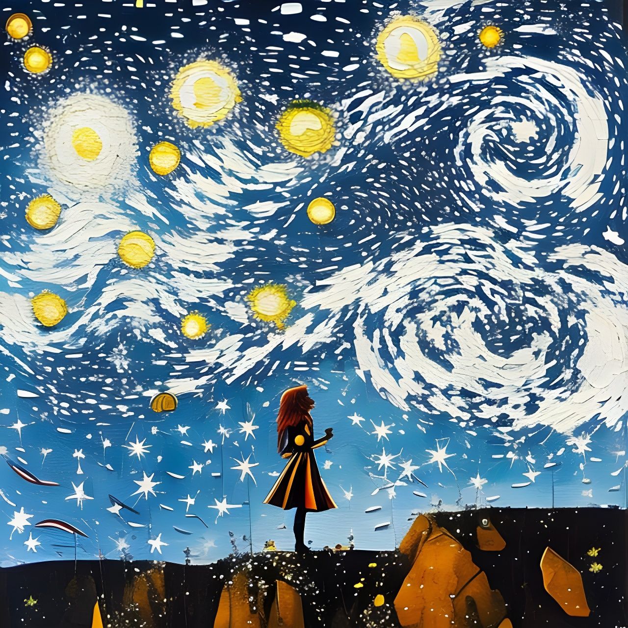 Girl with Starry Night Sky, Oil on Canvas