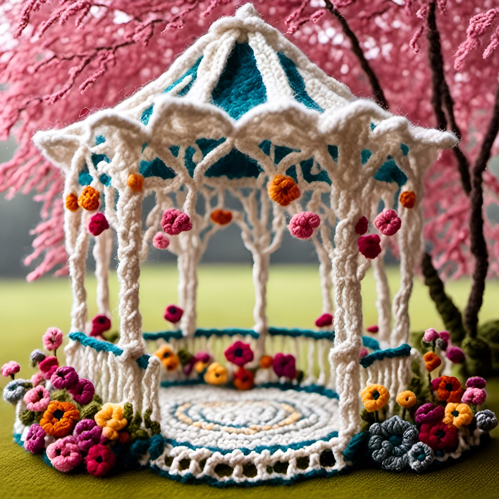 Yarn Gazebo in Flower Garden