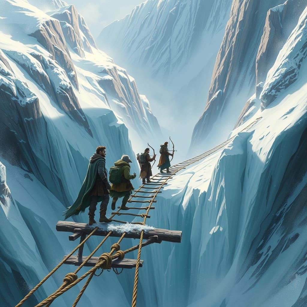 Adventurers Cross Glacial Chasm in Cinematic Digital Art