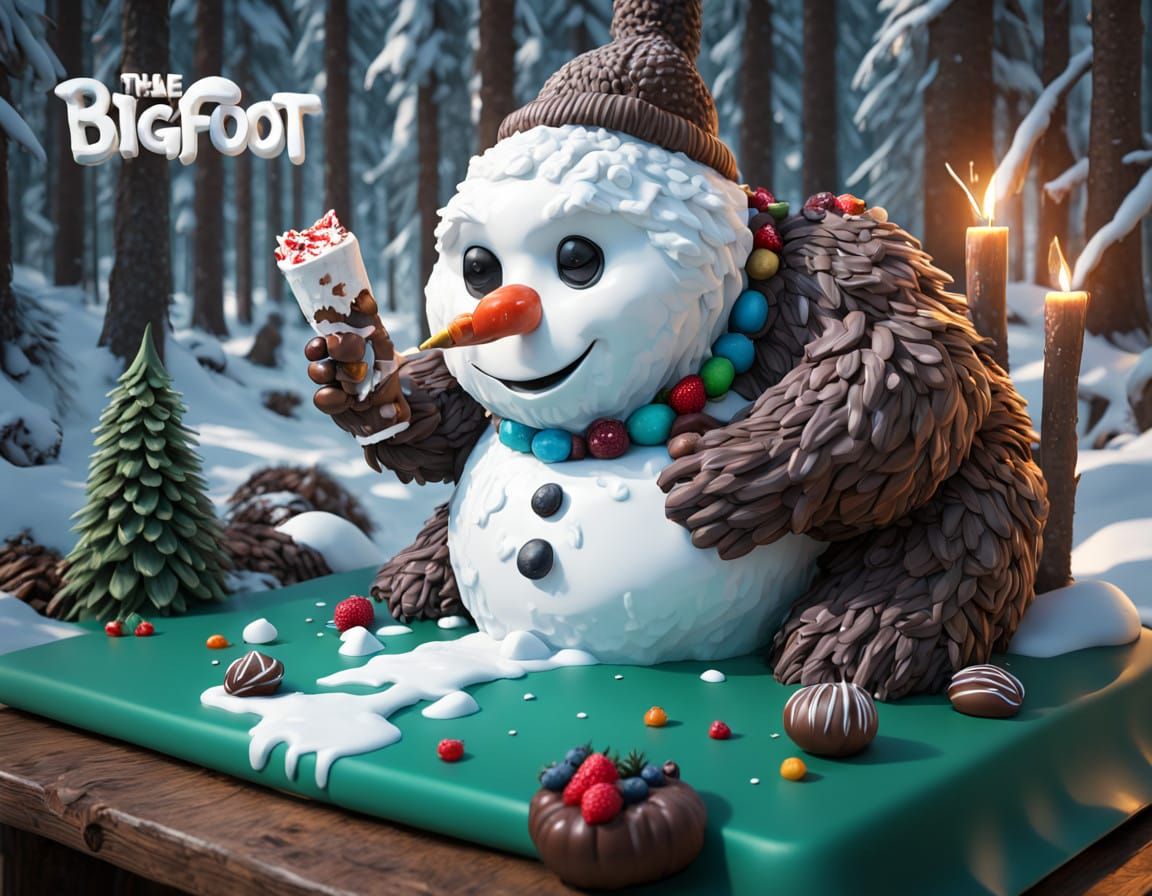 Majestic Bigfoot Snowman Embarks on a Wild Candy Feast