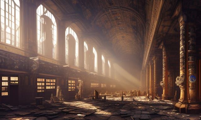 Epic Steampunk Library Interior in Ruins