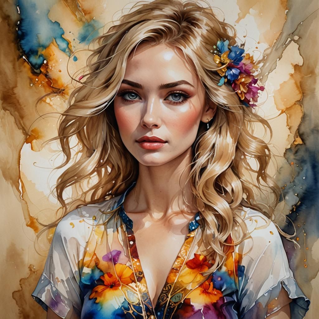 Bohemian Beauty in Watercolor Portrait with Dynamic Lighting