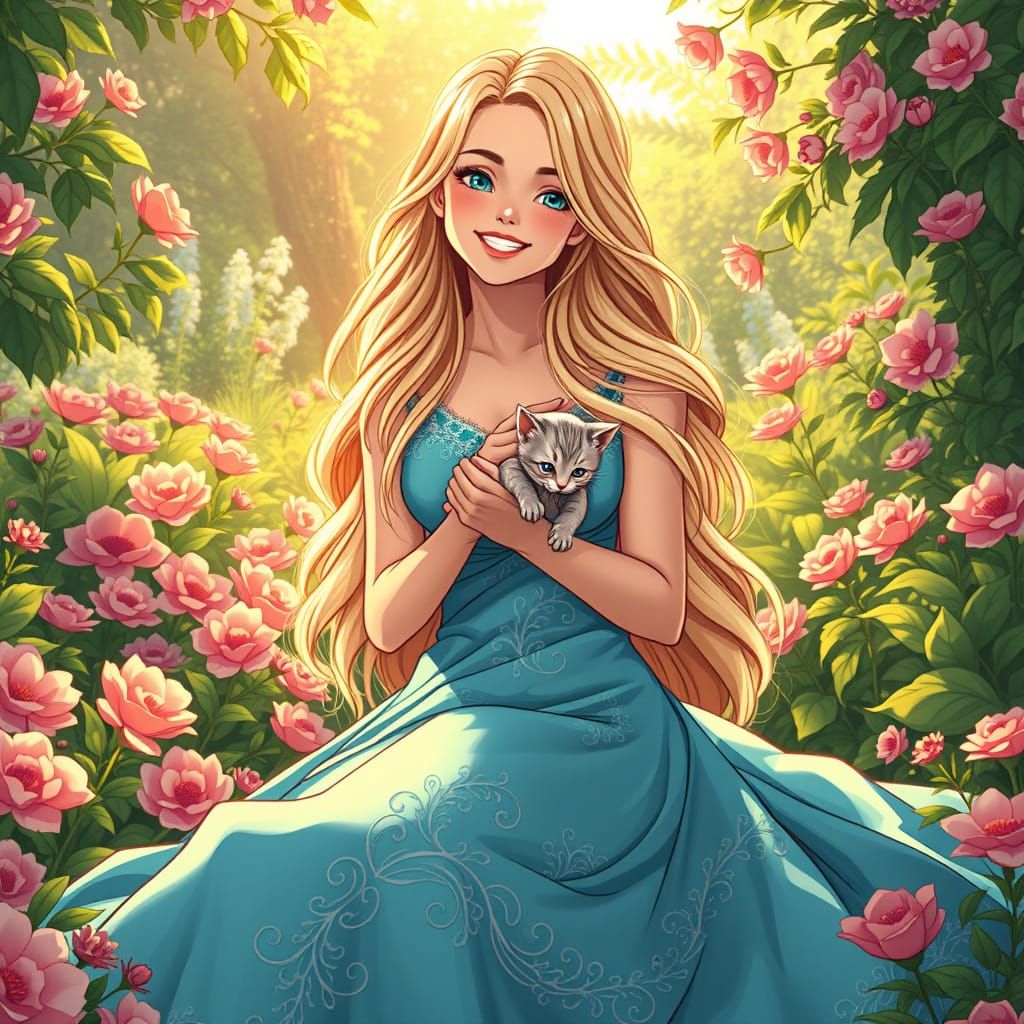 Serenely Beautiful Blonde Goddess in a Vibrant Garden