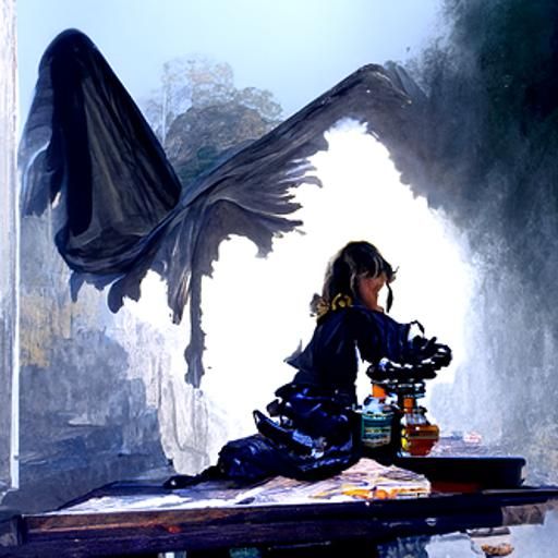 Girl Praying with Shadow Wings: Oil Painting