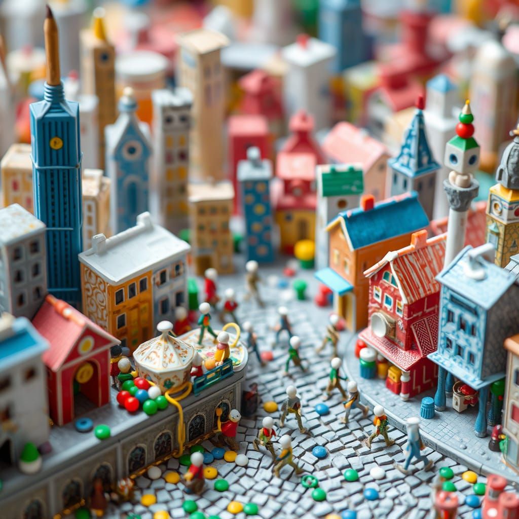 Bustling Miniature Town Inspired by Surrealism