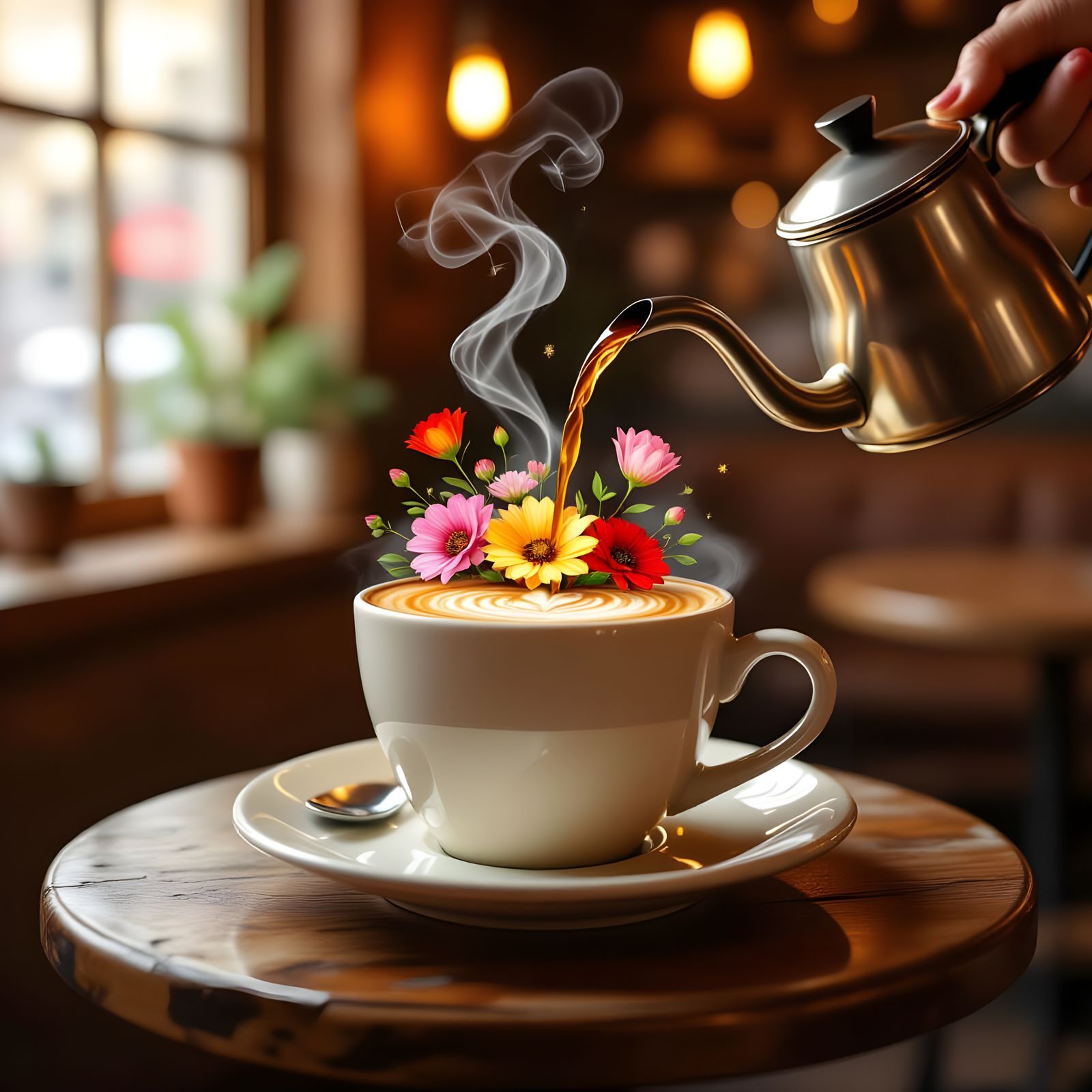 Coffee Cup Filled with Flowers in Cafe