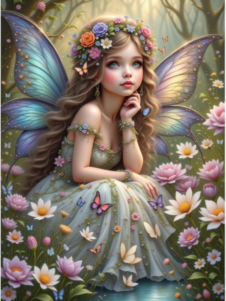 Elegant Fairy in Lush Garden as Whimsical Art