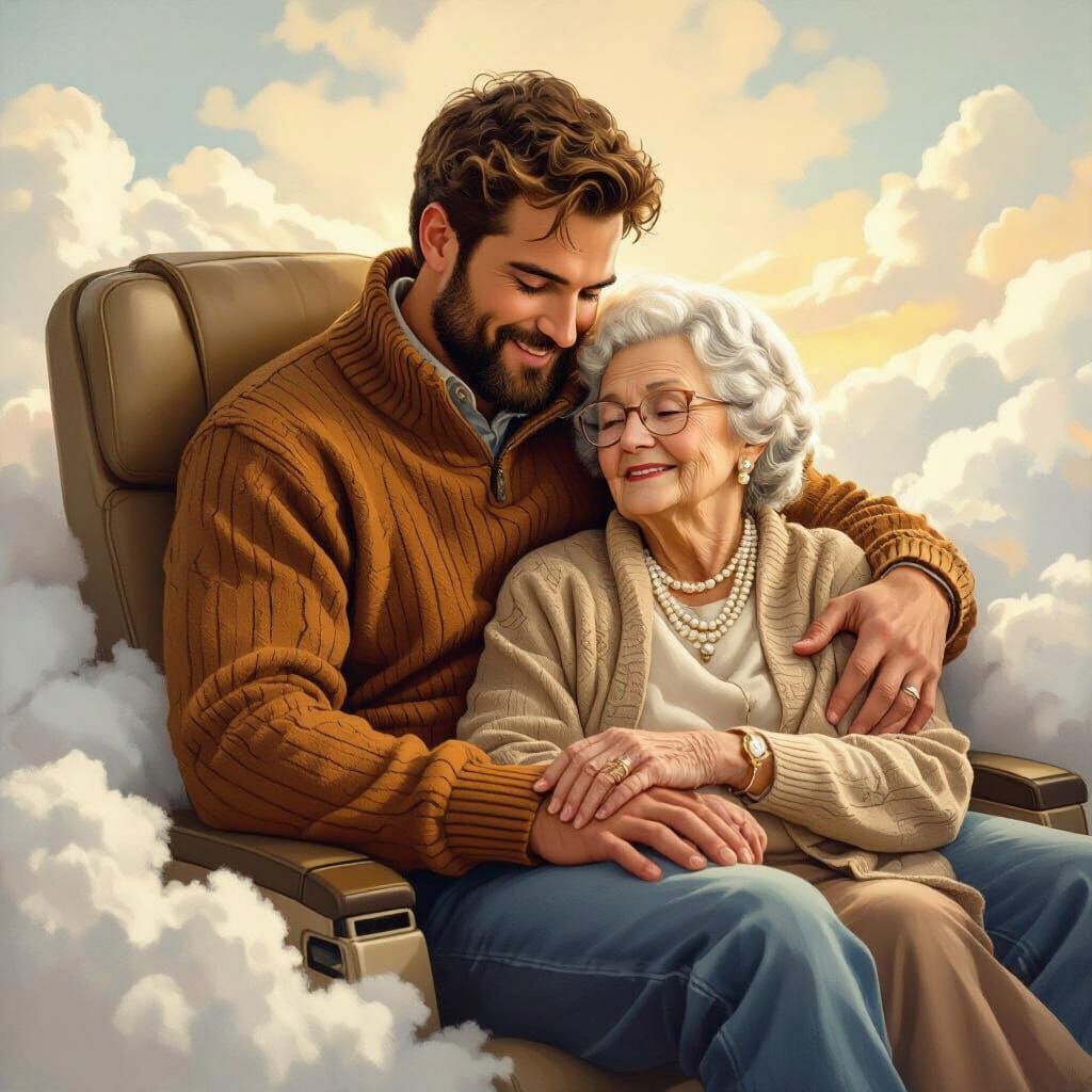 Gentle Giant with Elderly Lady in Airplane, Rockwell Style