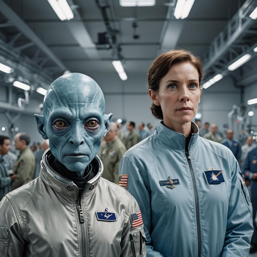 Ethereal Extraterrestrials in Softly Lit Hangar: Portrait Ph...