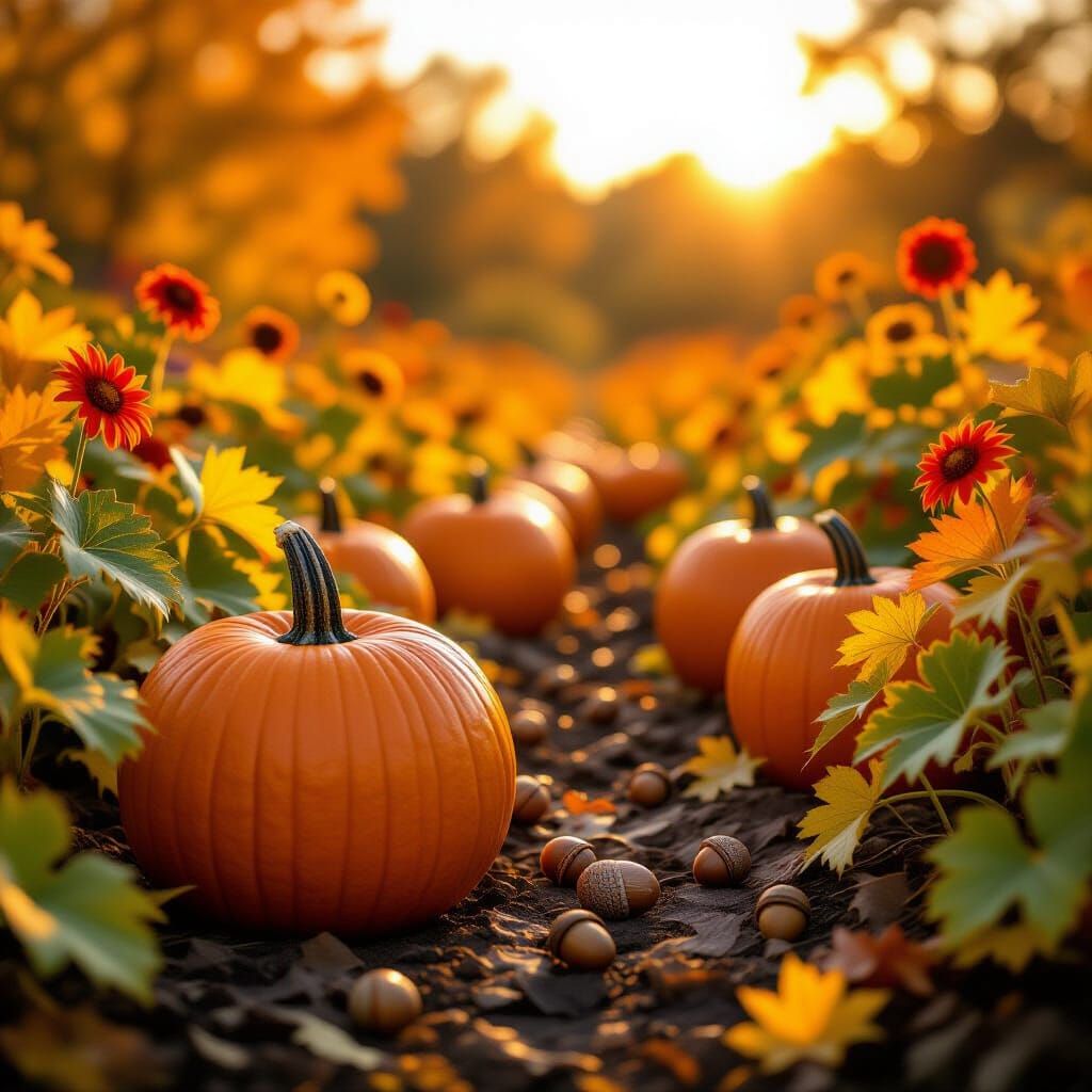 Vibrant Autumn Pumpkin Patch in Golden Hour Light
