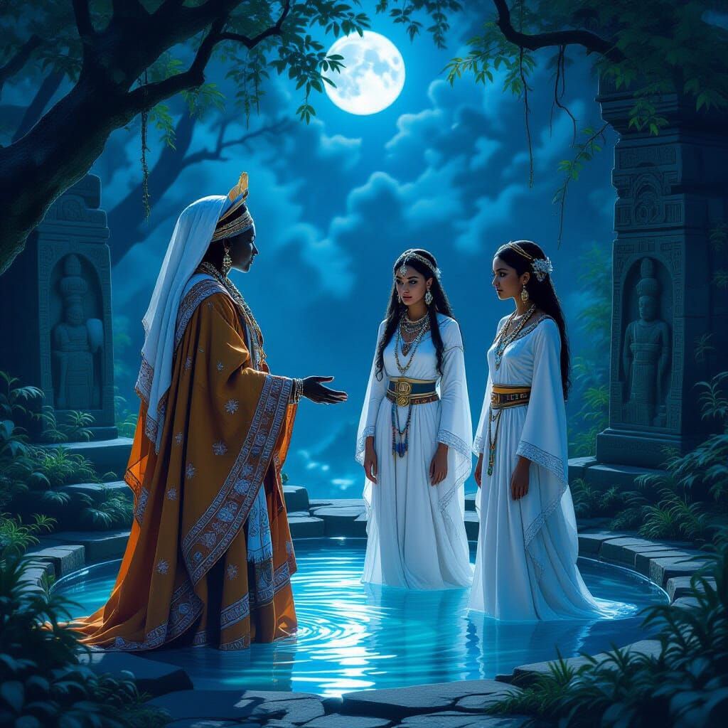 Moonlit Forest: Priestess Guides Princesses to Mystical Pool