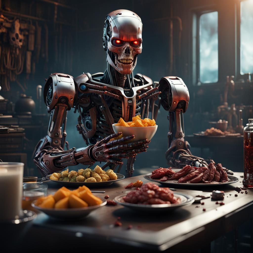 Terminator Robot Feasting in Dystopian Future