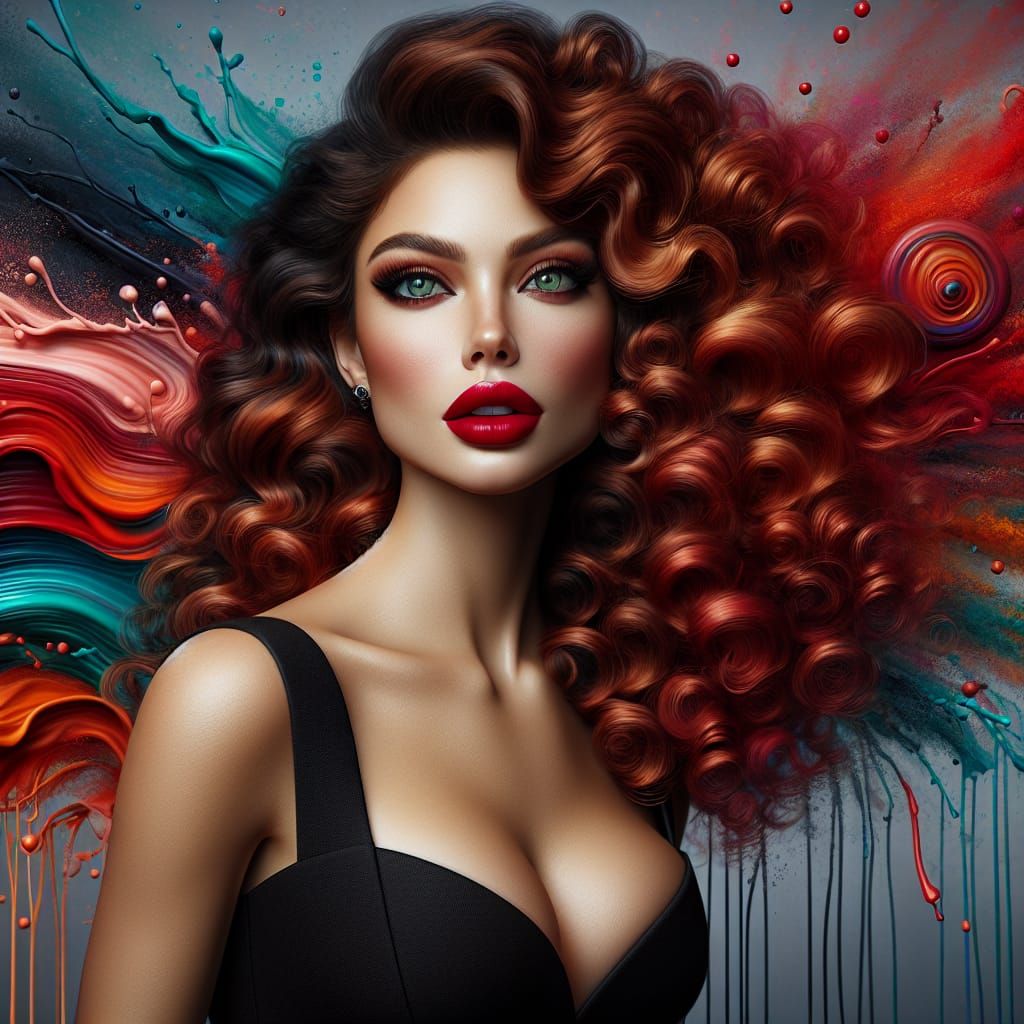 Portrait of a Red-Haired Woman in Splash Art Style