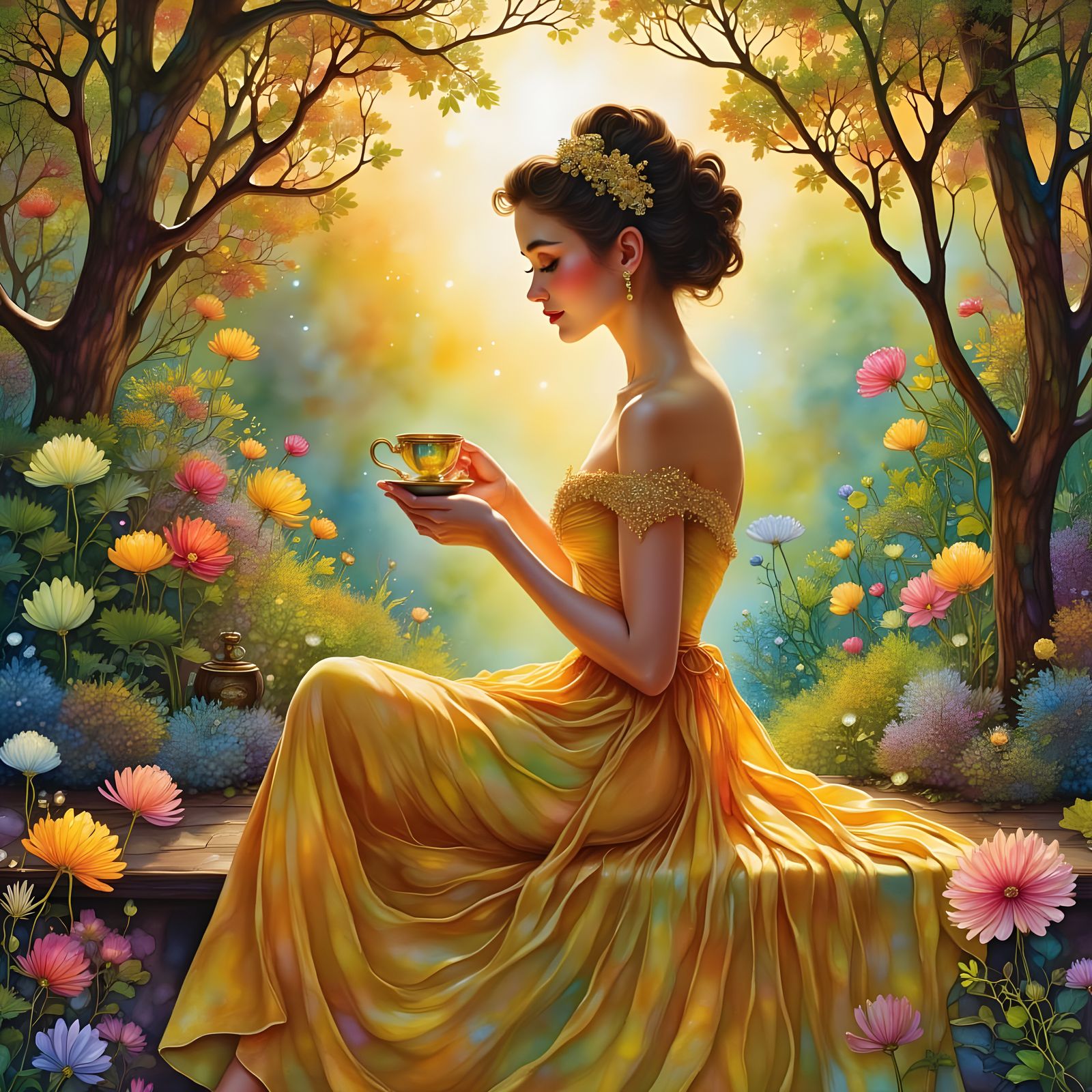 1950s Woman in Garden Teacup Fairytale Illustration