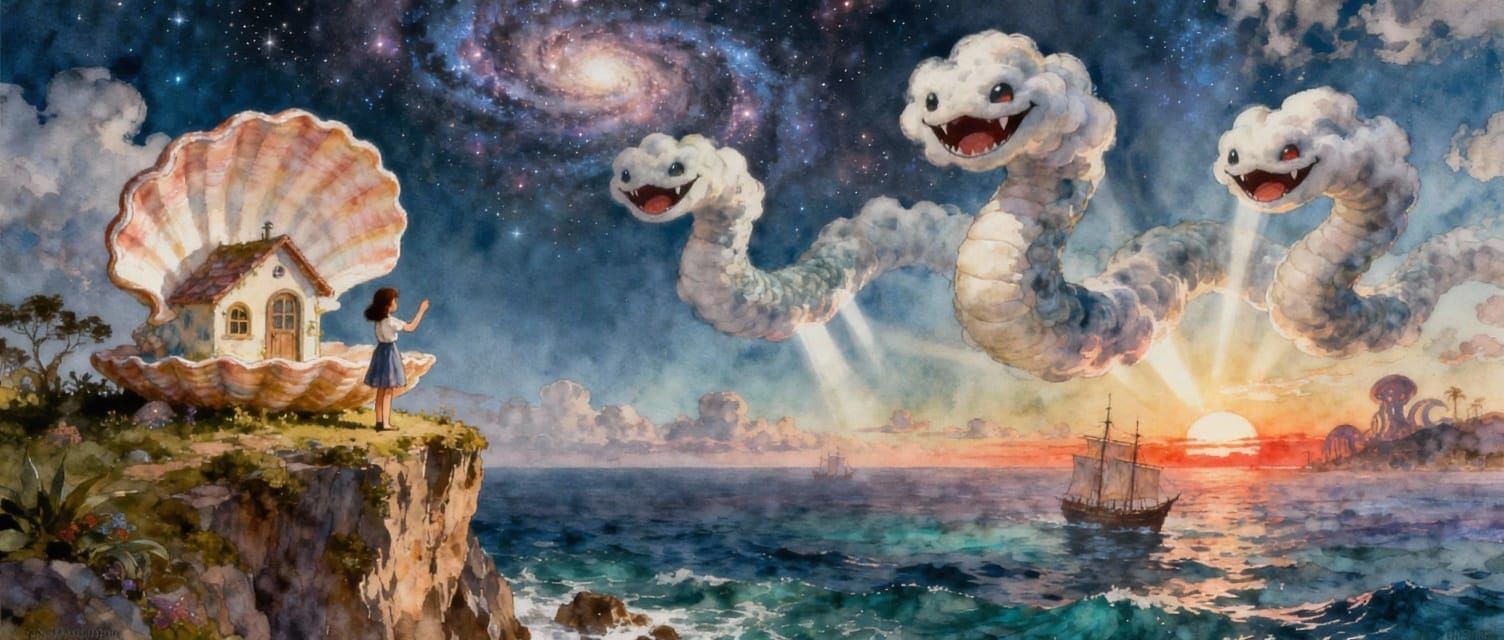 Surreal Girl with Giant Cloud Snakes Over Seashell House