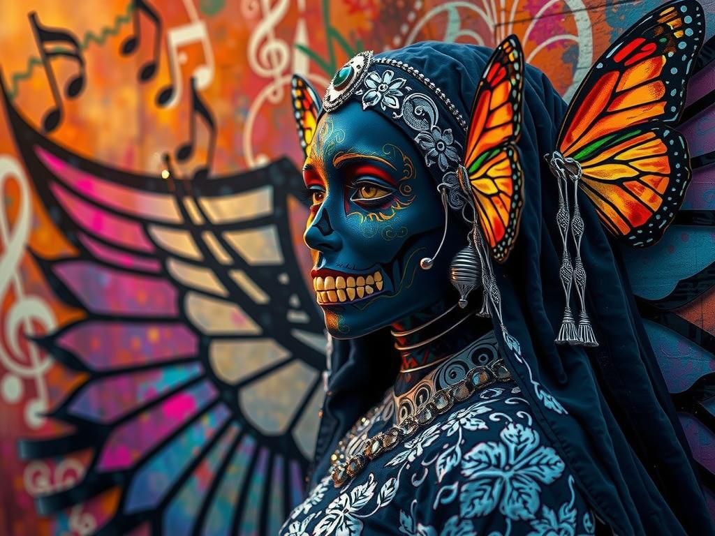 Santa Muerte: Holy Mother Death Angel in Jazz Dreamscape