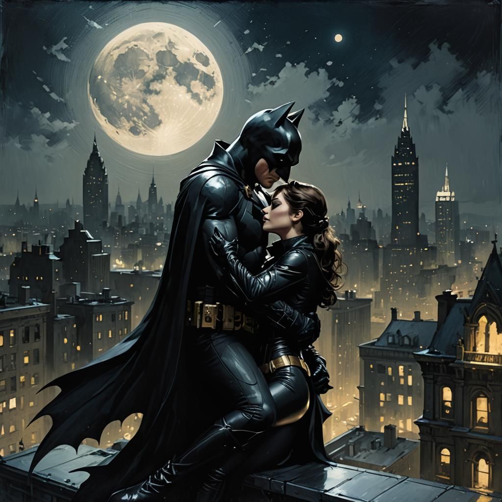 Batman and Catwoman Rooftop Embrace in Gotham