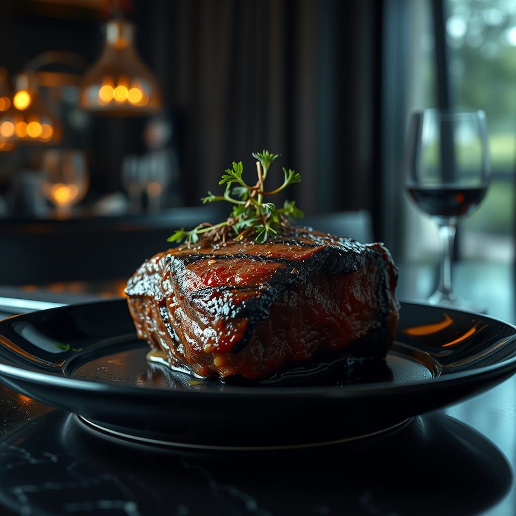 Juicy Steak on Velvet Plate, Fine Dining Photography